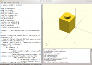 Der 1er-Legoblock im OpenSCAD. Die genauen Abmessungen stehen in der Code-Spalte oben links.